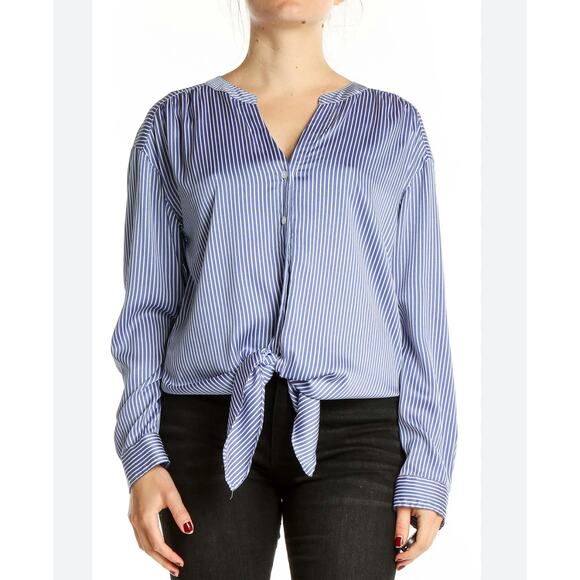 ANN TAYLOR Blue Striped Tie-Front Button Down Blouse Medium M EUC - Picture 1 of 11
